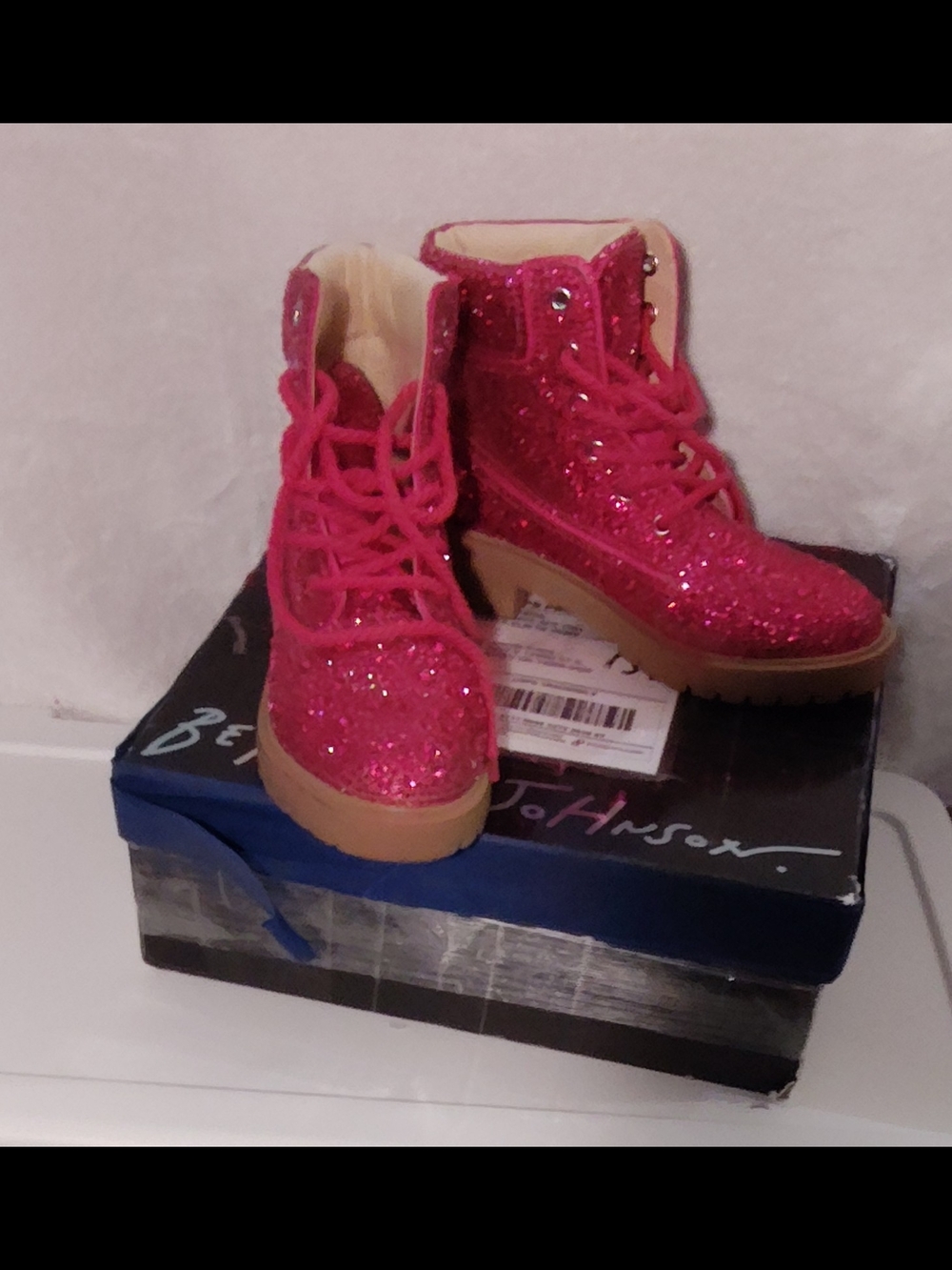 Betsey Johnson Pink Glitter Lace-Up Combat Boots